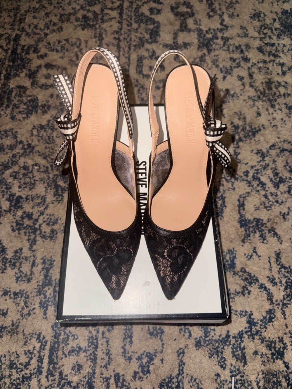 Steve Madden Black Lace Pointed Toe Slingback Heels with Black & White Bow